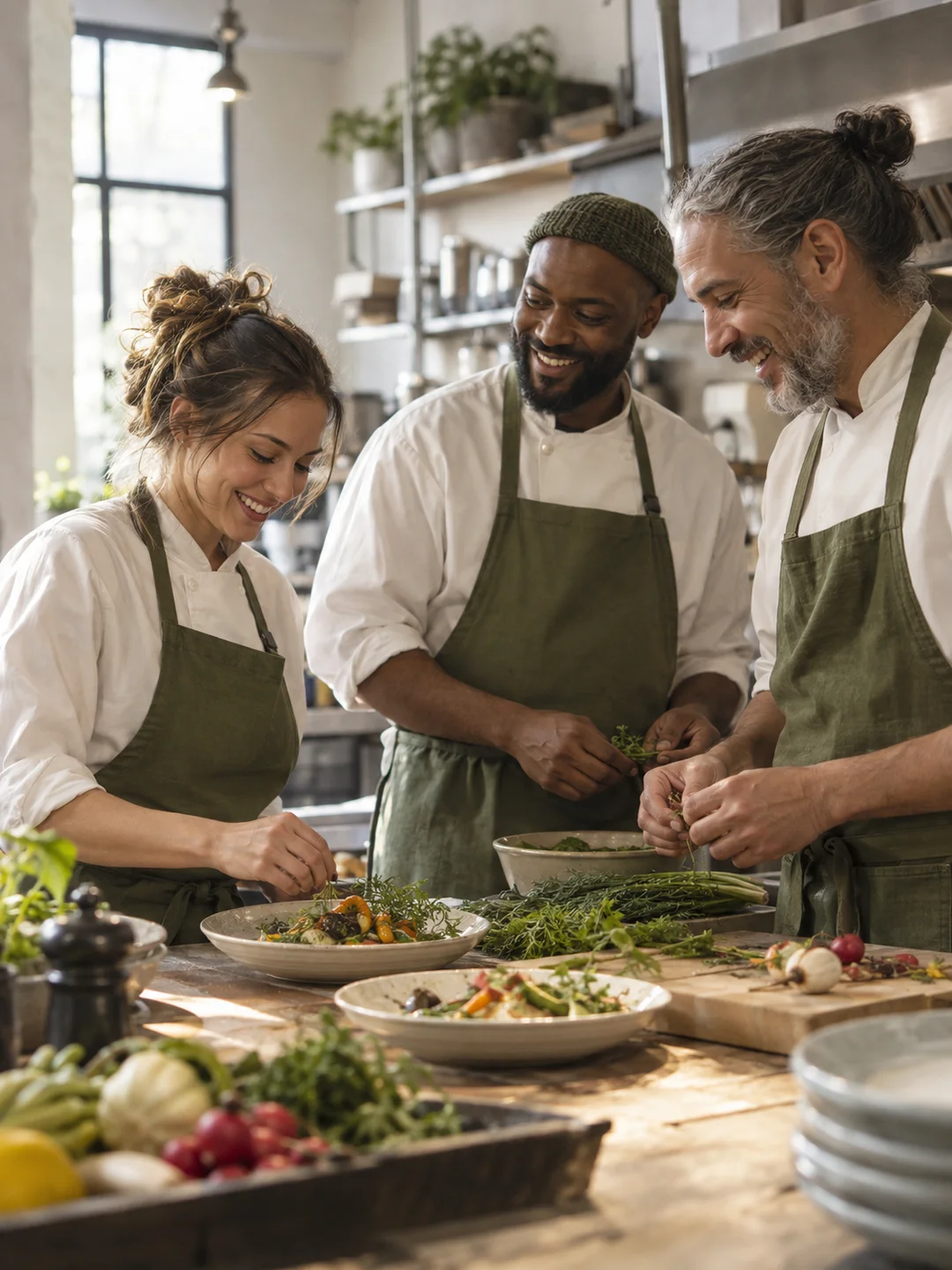 Trois membres d'une équipe cuisinent ensemble dans la bonne humeur
